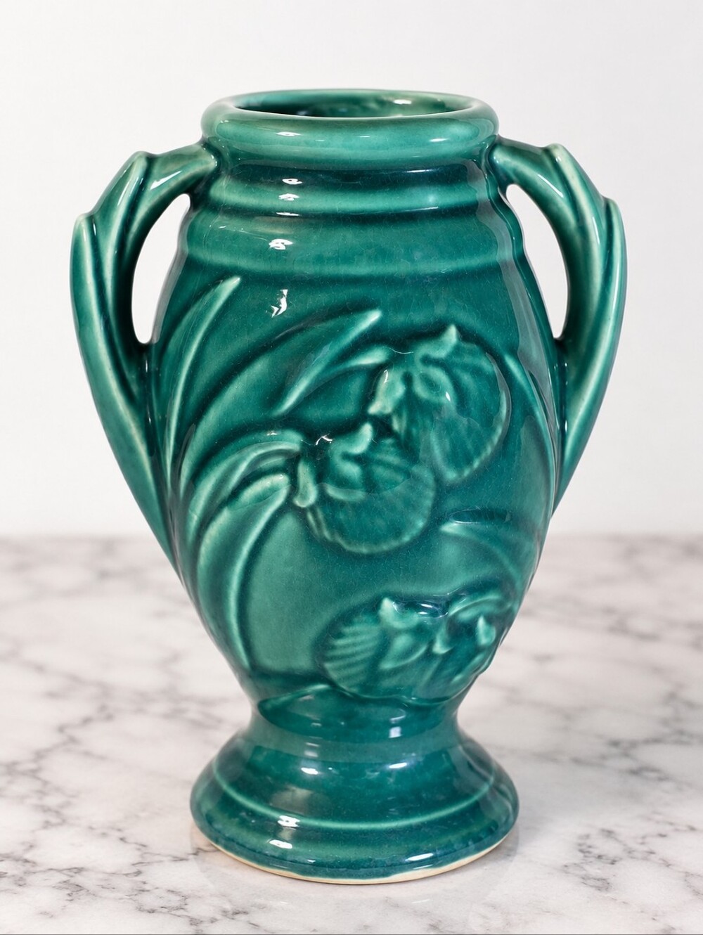 Vintage Shawnee Pottery Teal Green Floral Double Handle Vase USA Art Deco